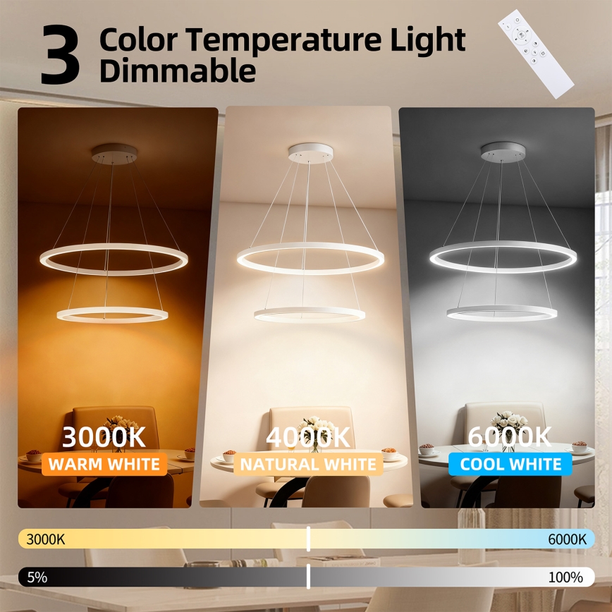 Brilagi - regulējama LED lustra uz troses PORTOFINO LED/98W/230V 3000-6000K Ø 80 cm balta + tālvadības pults