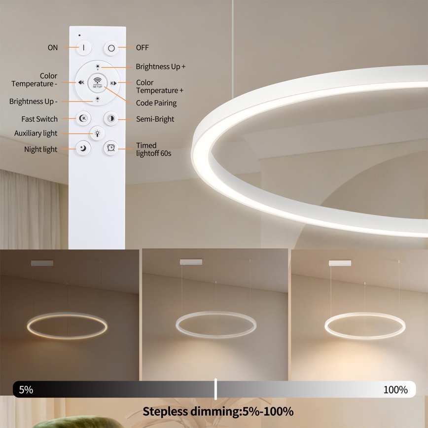 Brilagi - regulējama LED lustra uz troses PORTOFINO LED/60W/230V 3000–6000K Ø 80 cm balta + tālvadības pults
