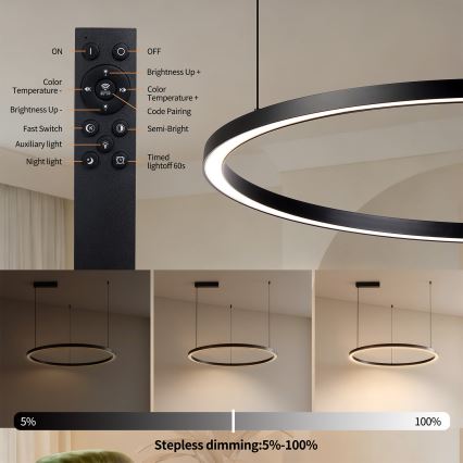 Brilagi - regulējama LED lustra uz troses PORTOFINO LED/60W/230V 3000-6000K Ø 80 cm melna + tālvadības pults