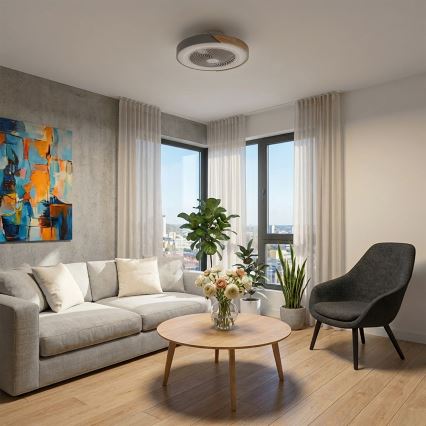 Brilagi - Regulējama LED griestu lampa ar ventilatoru LED/38W/230V 3000–6500K Ø 50 cm pelēka/ozols + tālvadība