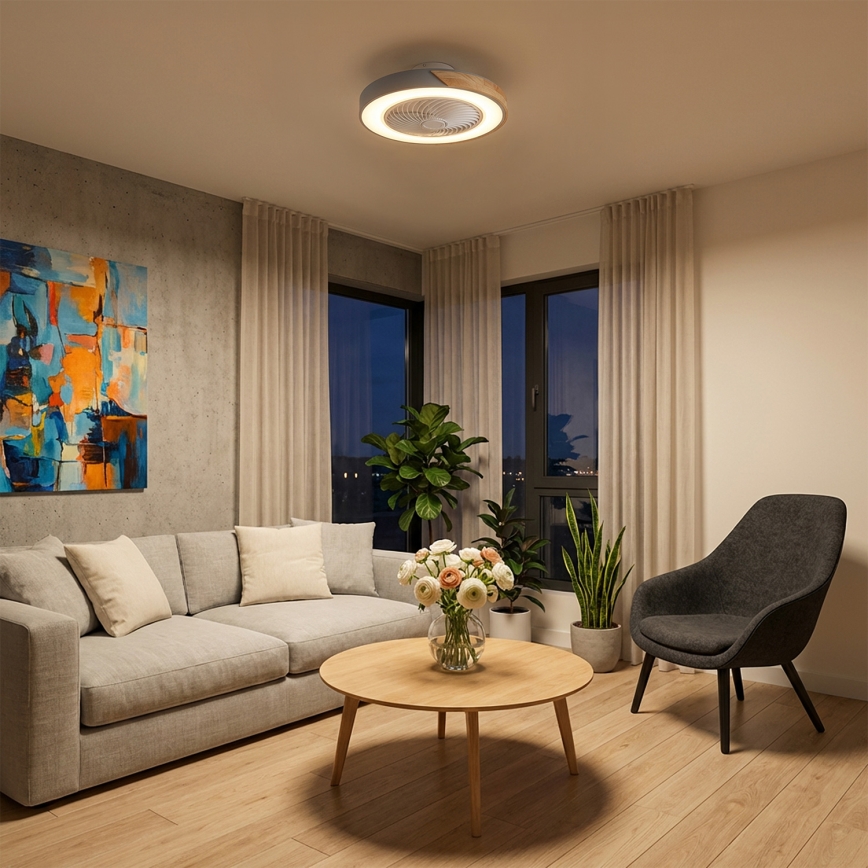 Brilagi - Regulējama LED griestu lampa ar ventilatoru LED/38W/230V 3000–6500K Ø 50 cm pelēka/ozols + tālvadība