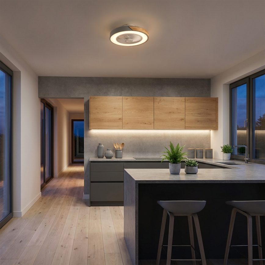 Brilagi - Regulējama LED griestu lampa ar ventilatoru LED/38W/230V 3000–6500K Ø 50 cm pelēka/ozols + tālvadība