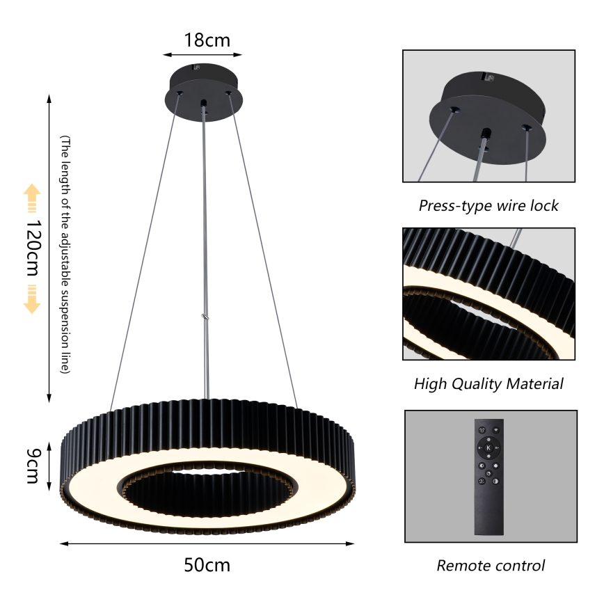 Brilagi - LED lustra ar regulējamu spilgtumu uz troses LUMIX LED/48W/230V 3000-6000K melna Ø 50 cm + tālvadības pults