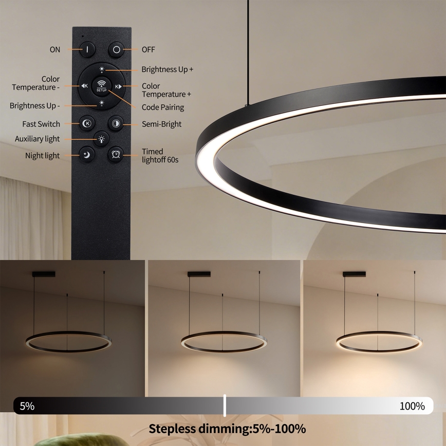 Brilagi - LED regulējama lustra uz troses PORTOFINO LED/60W/230V 3000-6000K Ø 80 cm melna + tālvadības pults