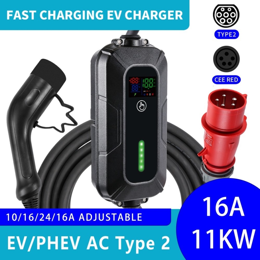 Brilagi - EV ceļojumu uzlādes stacija elektromobiļiem FAST AC Tips 2 16A/380V 11kW + spraudnis 230V, 3,7kW 5m + apvalks
