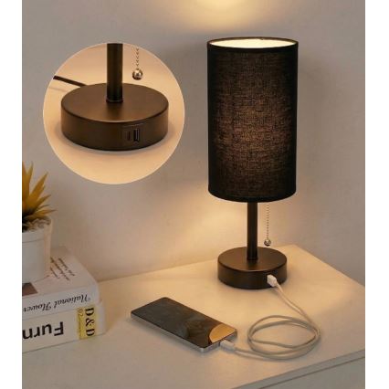Brilagi - Galda lampa ar USB pieslēgvietu TABLON 1xE27/25W/230V melna