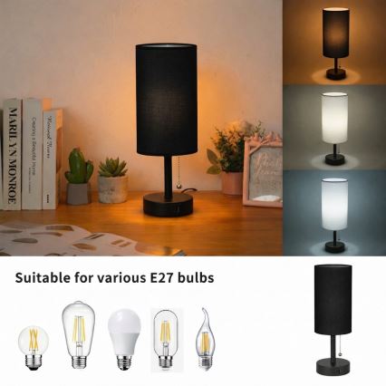 Brilagi - Galda lampa ar USB pieslēgvietu TABLON 1xE27/25W/230V melna