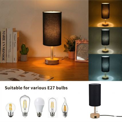 Brilagi - Galda lampa ar USB pieslēgvietu TABLON 1xE27/25W/230V ozols/bēšs/melns