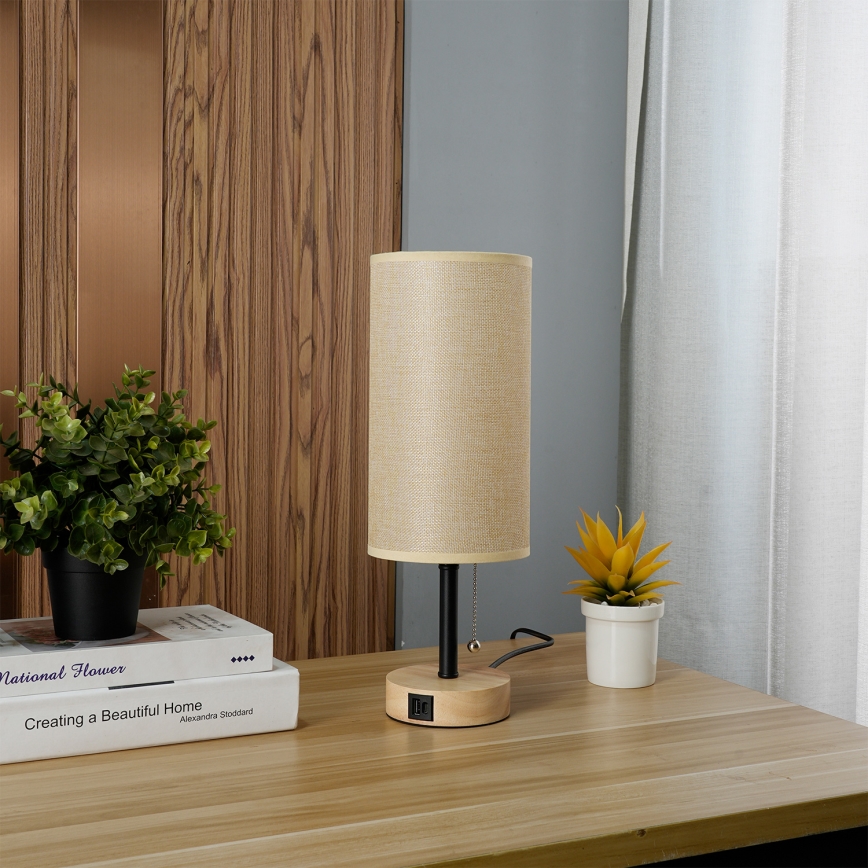 Brilagi - Galda lampa ar USB pieslēgvietu TABLON 1xE27/25W/230V ozols/melns/bēšs