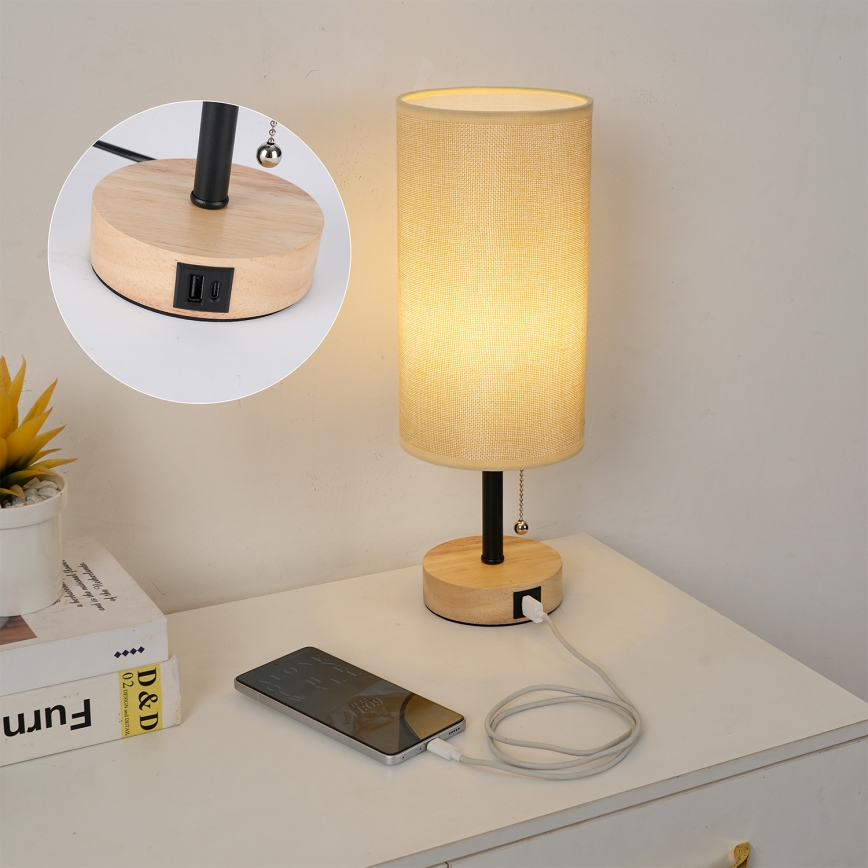 Brilagi - Galda lampa ar USB pieslēgvietu TABLON 1xE27/25W/230V ozols/melns/bēšs