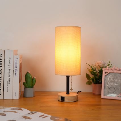 Brilagi - Galda lampa ar USB pieslēgvietu TABLON 1xE27/25W/230V ozols/melns/bēšs