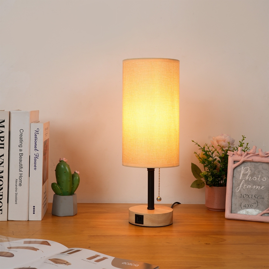Brilagi - Galda lampa ar USB pieslēgvietu TABLON 1xE27/25W/230V ozols/melns/bēšs