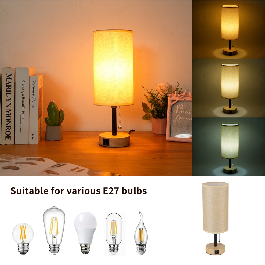 Brilagi - Galda lampa ar USB pieslēgvietu TABLON 1xE27/25W/230V ozols/melns/bēšs