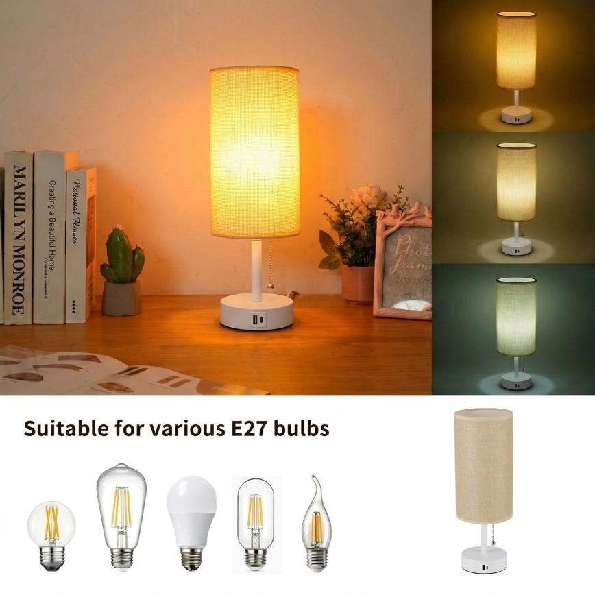 Brilagi - Galda lampa ar USB portu TABLON 1xE27/25W/230V balta/bēša