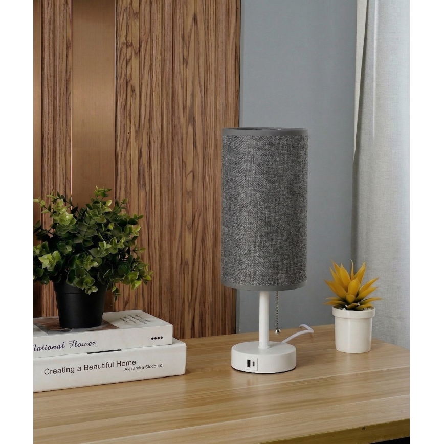 Brilagi - Galda lampa ar USB portu TABLON 1xE27/25W/230V balta/pelēka