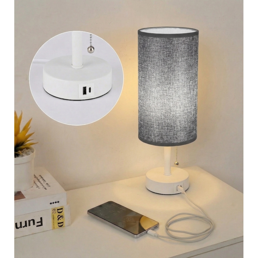 Brilagi - Galda lampa ar USB portu TABLON 1xE27/25W/230V balta/pelēka