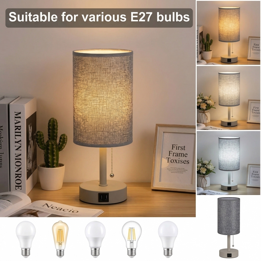 Brilagi - Galda lampa ar USB portu TABLON 1xE27/25W/230V bēša/pelēka