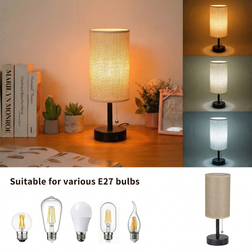 Brilagi - Galda lampa ar USB portu TABLON 1xE27/25W/230V melna/bēša