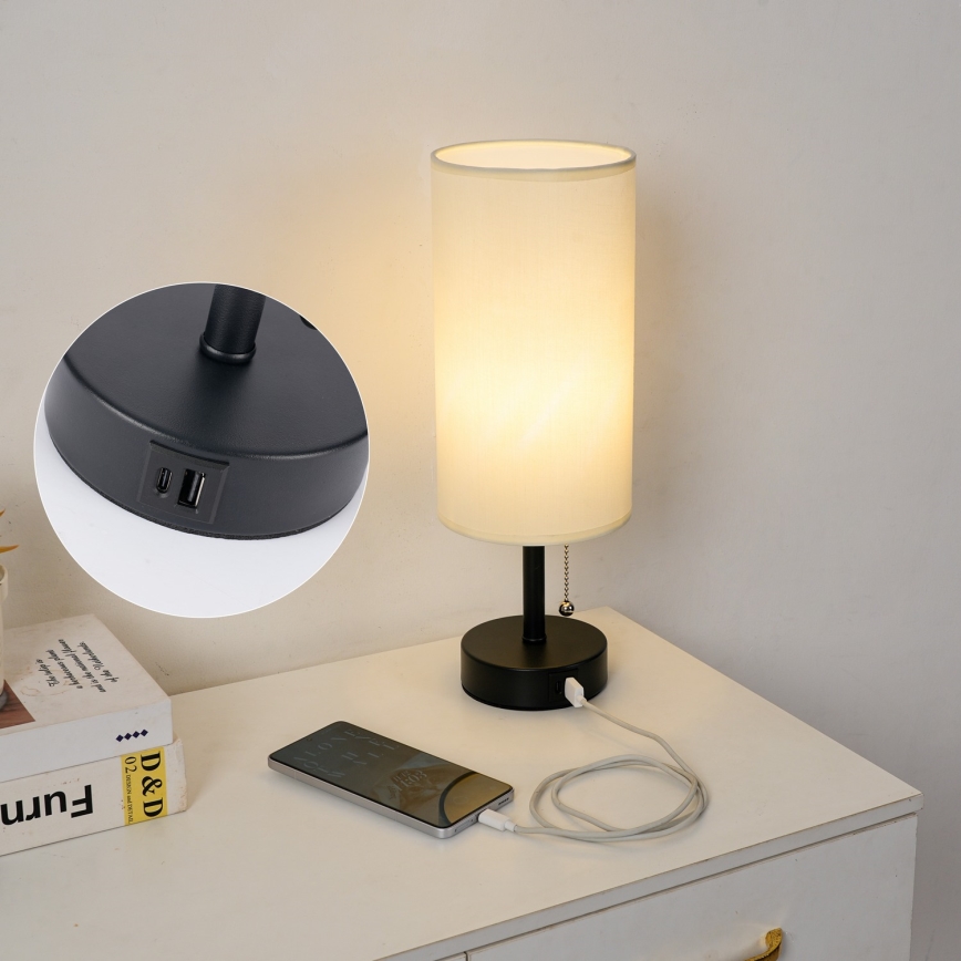 Brilagi - Galda lampa ar USB portu TABLON 1xE27/25W/230V melna/krēmkrāsa