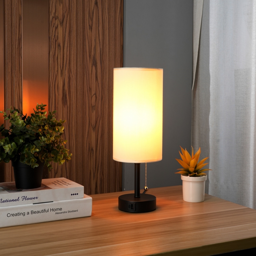 Brilagi - Galda lampa ar USB portu TABLON 1xE27/25W/230V melna/krēmkrāsa