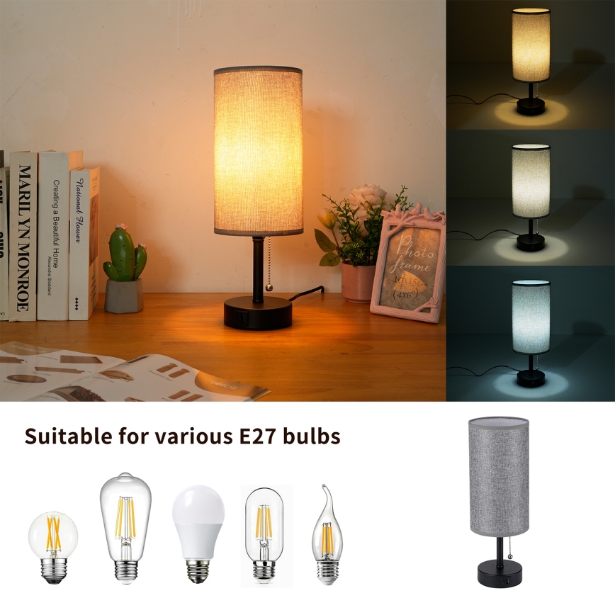 Brilagi - Galda lampa ar USB portu TABLON 1xE27/25W/230V melna/pelēka