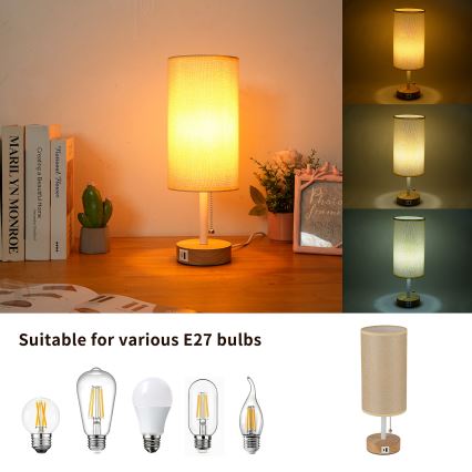 Brilagi - Galda lampa ar USB portu TABLON 1xE27/25W/230V ozola/balta/bēša