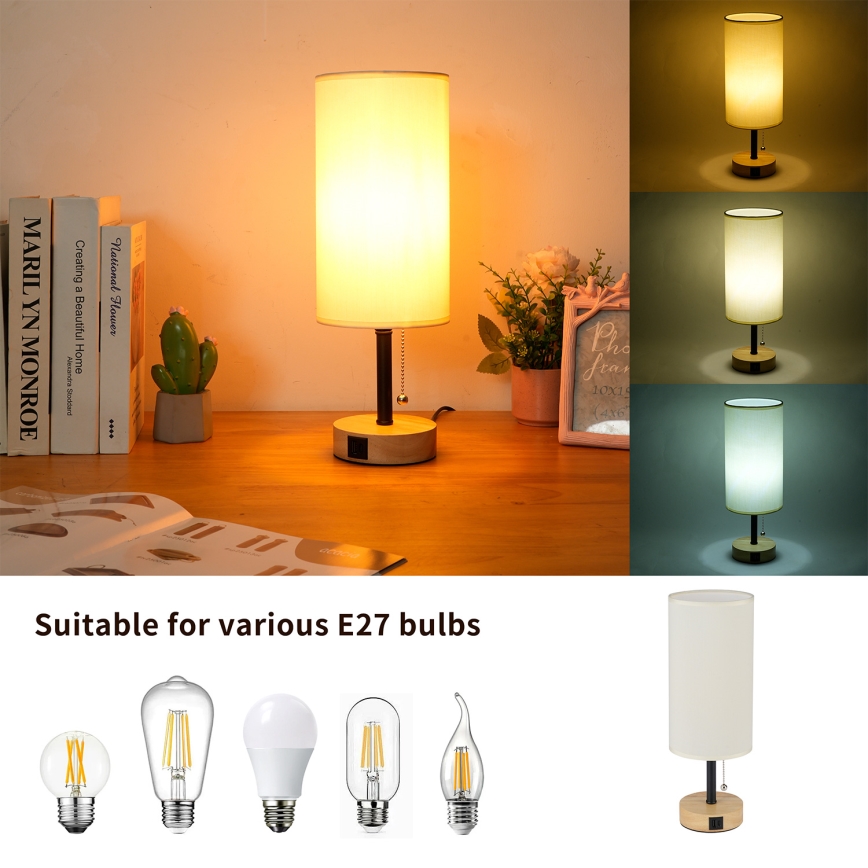 Brilagi - Galda lampa ar USB portu TABLON 1xE27/25W/230V ozola/melna/krēmkrāsaina