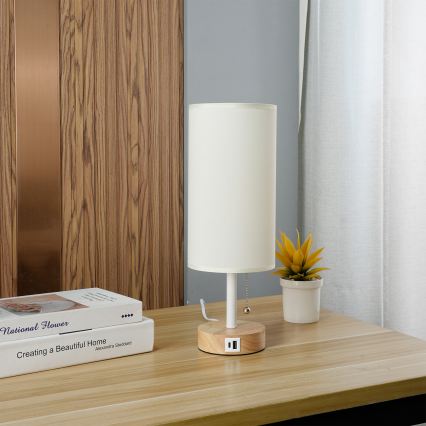 Brilagi - Galda lampa ar USB portu TABLON 1xE27/25W/230V ozolkoka/balta/krēmīga