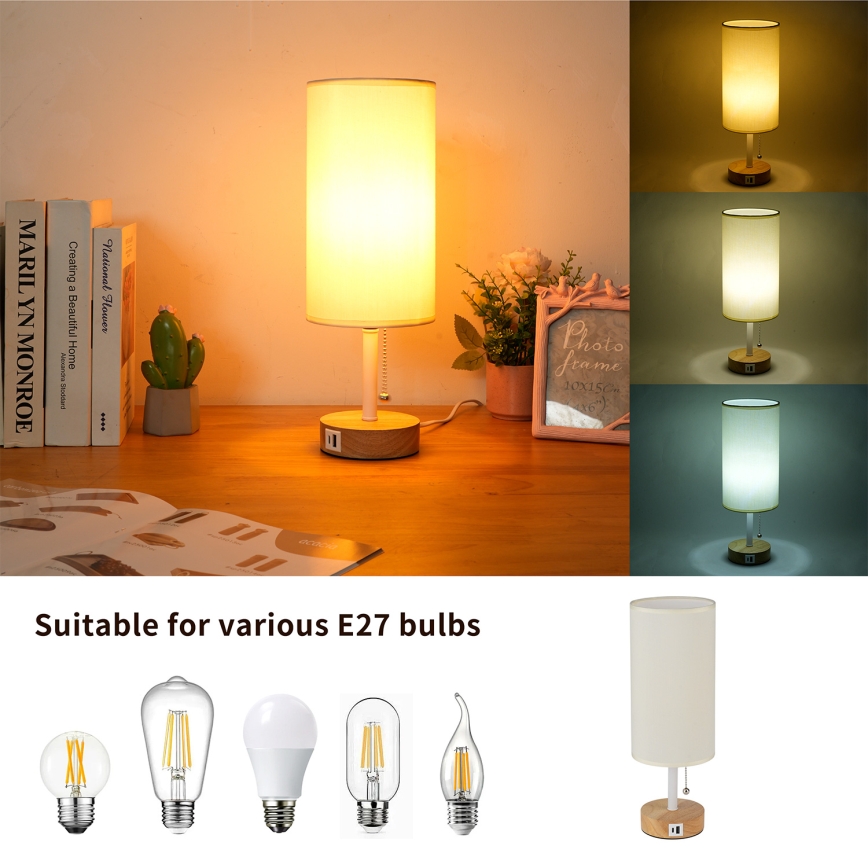 Brilagi - Galda lampa ar USB portu TABLON 1xE27/25W/230V ozolkoka/balta/krēmīga