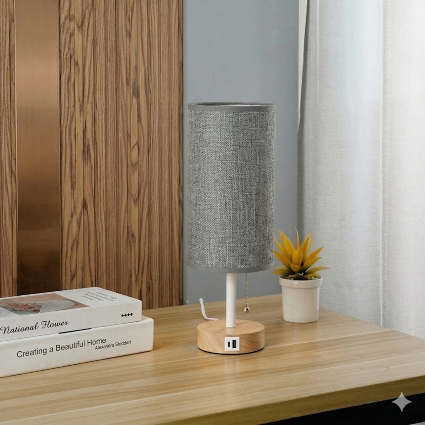 Brilagi - Galda lampa ar USB portu TABLON 1xE27/25W/230V ozols/balts/pelēks