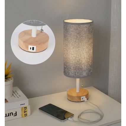 Brilagi - Galda lampa ar USB portu TABLON 1xE27/25W/230V ozols/balts/pelēks