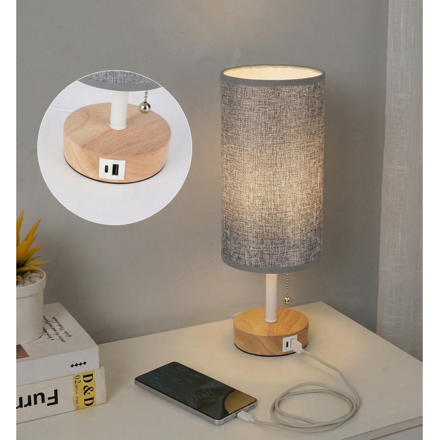 Brilagi - Galda lampa ar USB portu TABLON 1xE27/25W/230V ozols/balts/pelēks