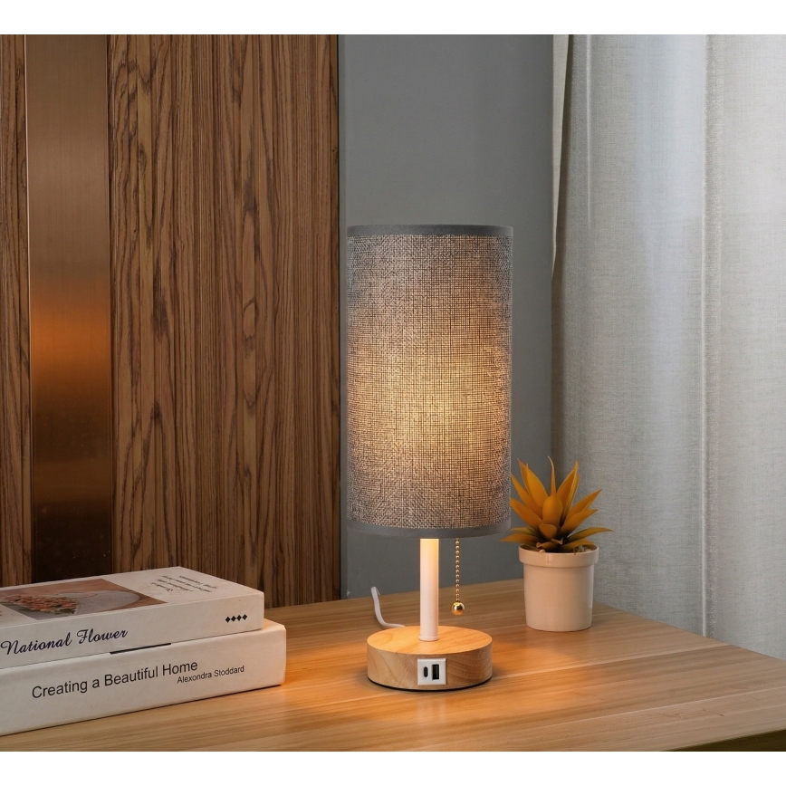 Brilagi - Galda lampa ar USB portu TABLON 1xE27/25W/230V ozols/balts/pelēks