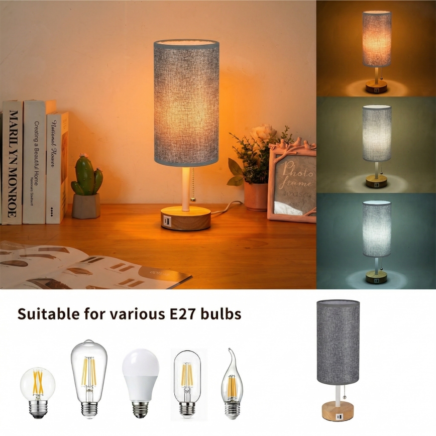 Brilagi - Galda lampa ar USB portu TABLON 1xE27/25W/230V ozols/balts/pelēks