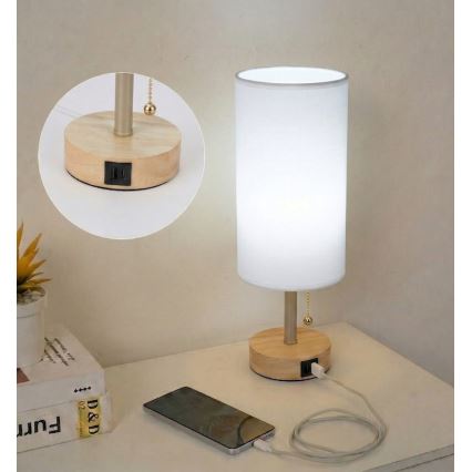 Brilagi - Galda lampa ar USB portu TABLON 1xE27/25W/230V ozols/bēšs/balts