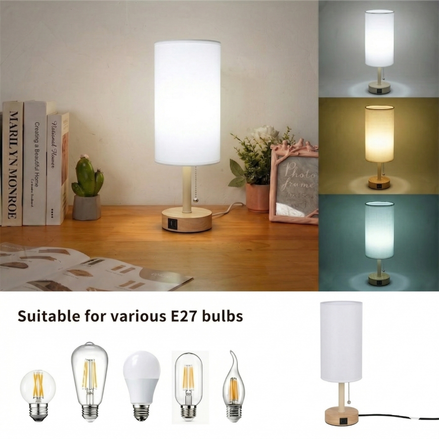 Brilagi - Galda lampa ar USB portu TABLON 1xE27/25W/230V ozols/bēšs/balts