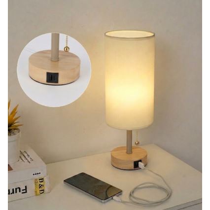 Brilagi - Galda lampa ar USB portu TABLON 1xE27/25W/230V ozols/bēšs/krēmkrāsas