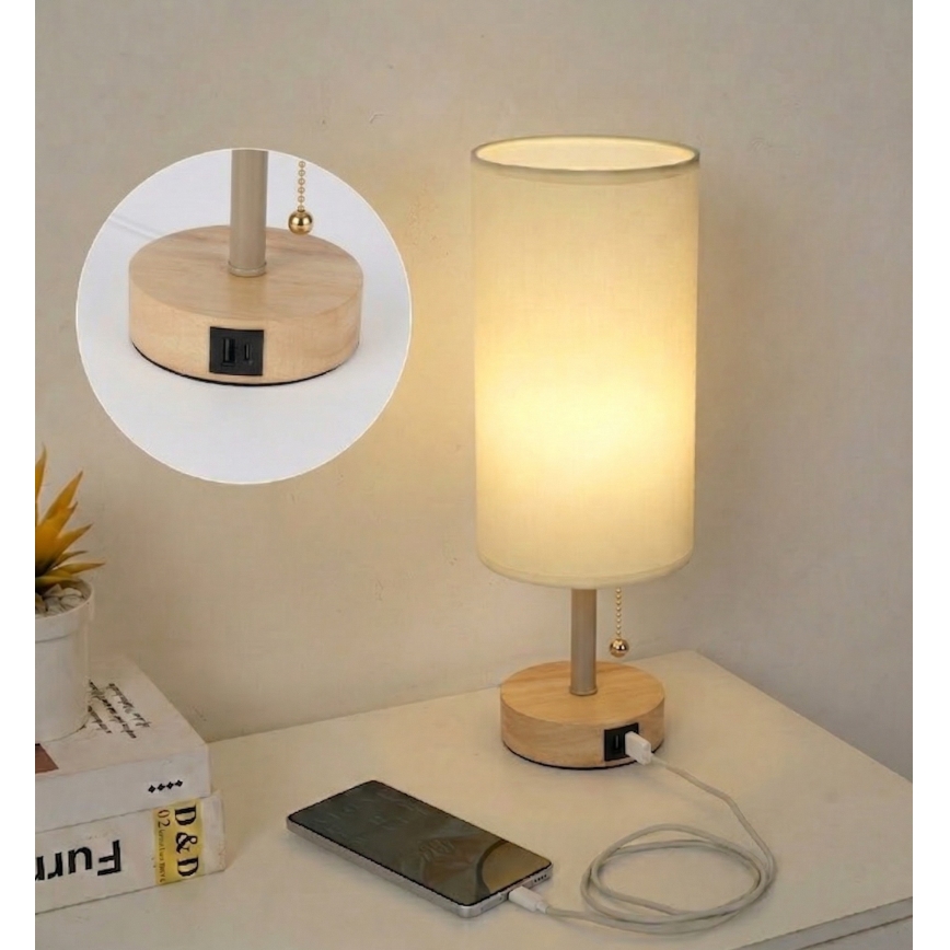 Brilagi - Galda lampa ar USB portu TABLON 1xE27/25W/230V ozols/bēšs/krēmkrāsas