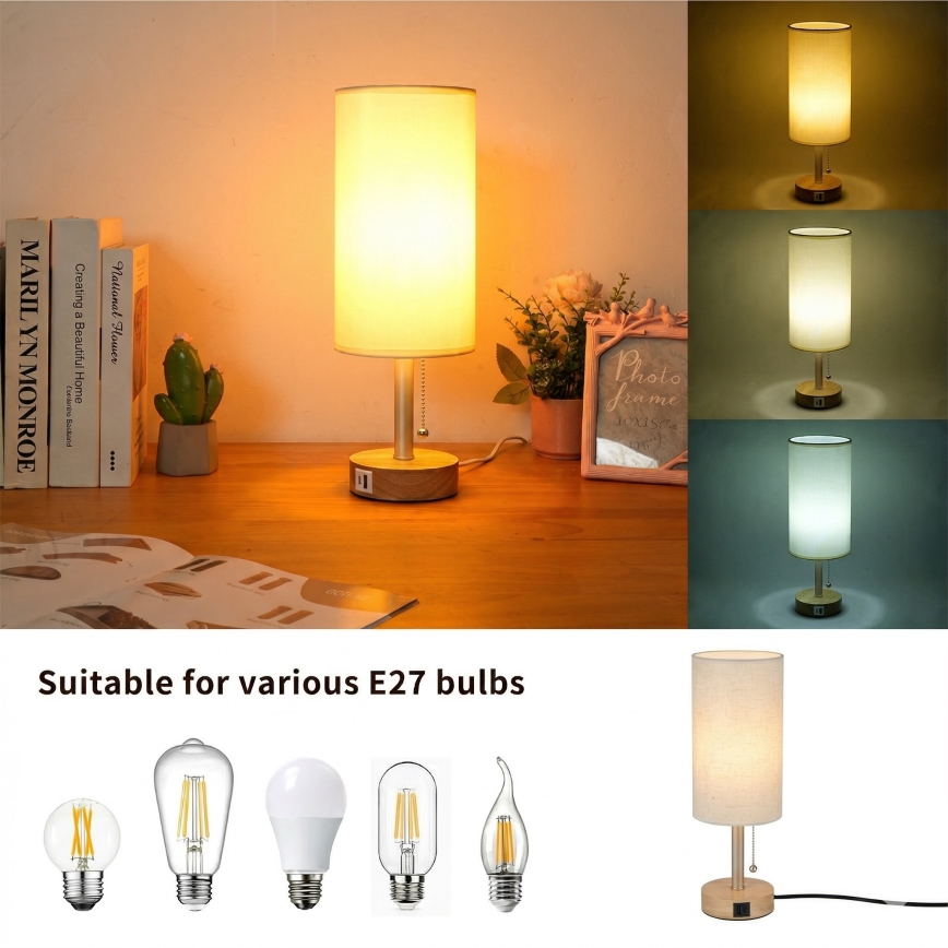 Brilagi - Galda lampa ar USB portu TABLON 1xE27/25W/230V ozols/bēšs/krēmkrāsas
