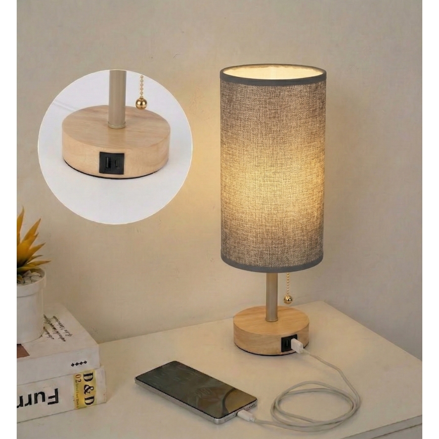 Brilagi - Galda lampa ar USB portu TABLON 1xE27/25W/230V ozols/bēšs/pelēks