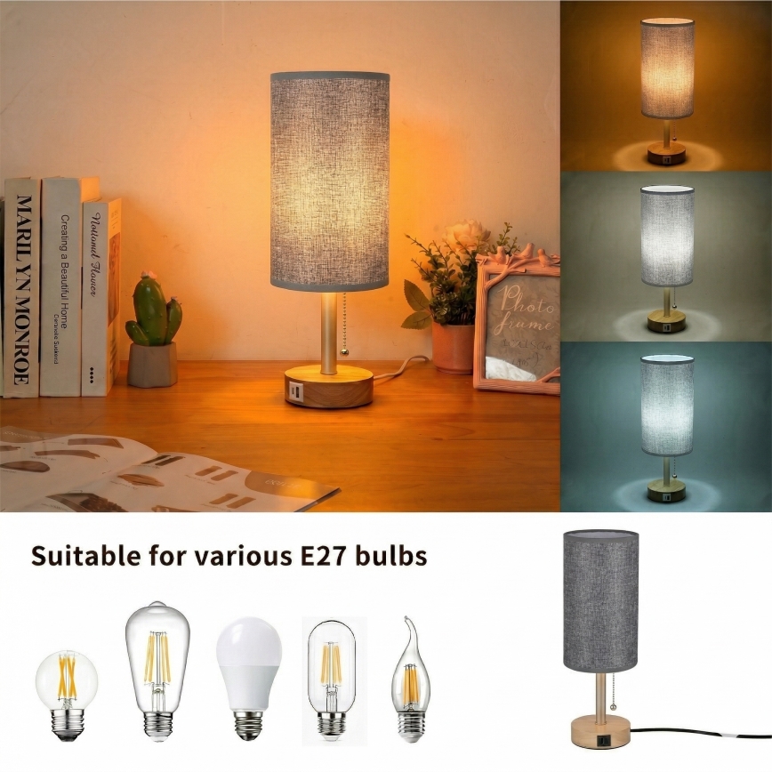 Brilagi - Galda lampa ar USB portu TABLON 1xE27/25W/230V ozols/bēšs/pelēks