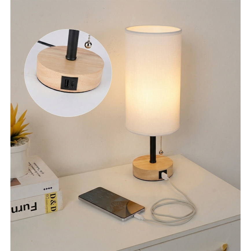 Brilagi - Galda lampa ar USB portu TABLON 1xE27/25W/230V ozols/melna/balta
