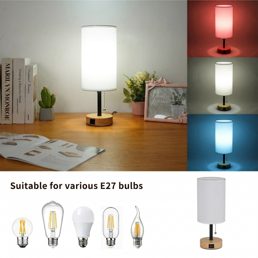 Brilagi - Galda lampa ar USB portu TABLON 1xE27/25W/230V ozols/melna/balta