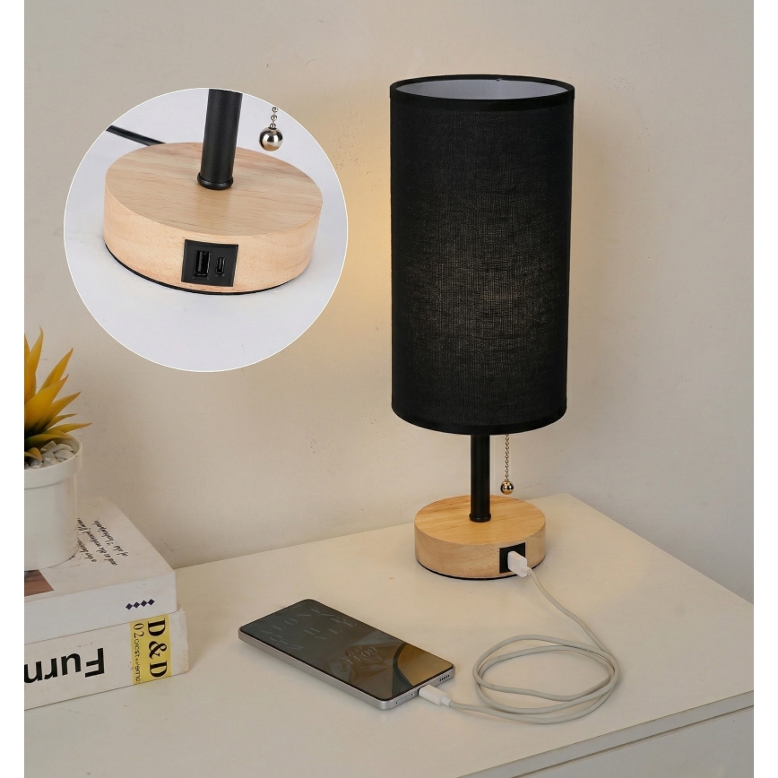 Brilagi - Galda lampa ar USB portu TABLON 1xE27/25W/230V ozols/melns