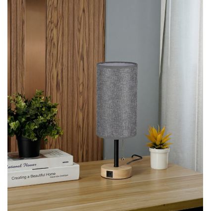 Brilagi - Galda lampa ar USB portu TABLON 1xE27/25W/230V ozols/melns/pelēks