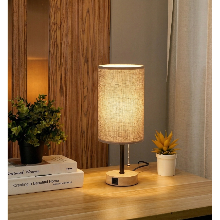Brilagi - Galda lampa ar USB portu TABLON 1xE27/25W/230V ozols/melns/pelēks