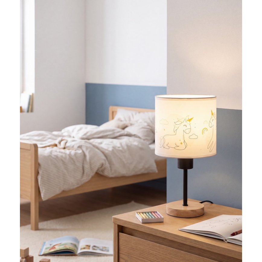 BRILAGI - Bērnu galda lampa BOBO WOOD 1xE27/25W/230V ozols/melns/balts/ar vienradžiem