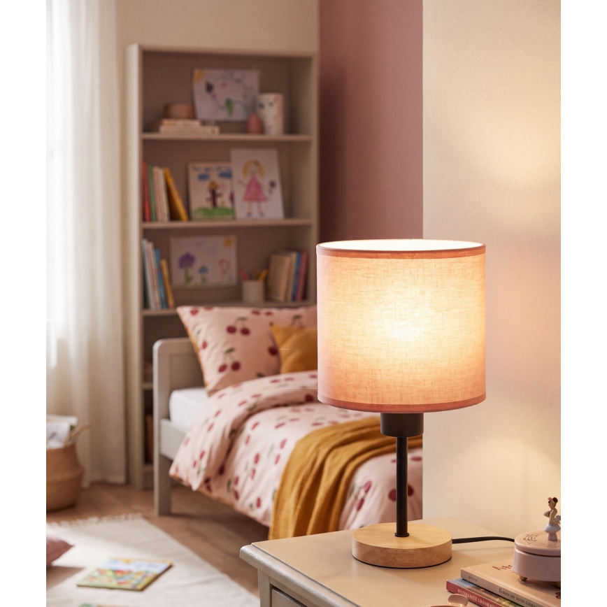 BRILAGI - Bērnu galda lampa BOBO WOOD 1xE27/25W/230V ozolkoka/melna/rozā
