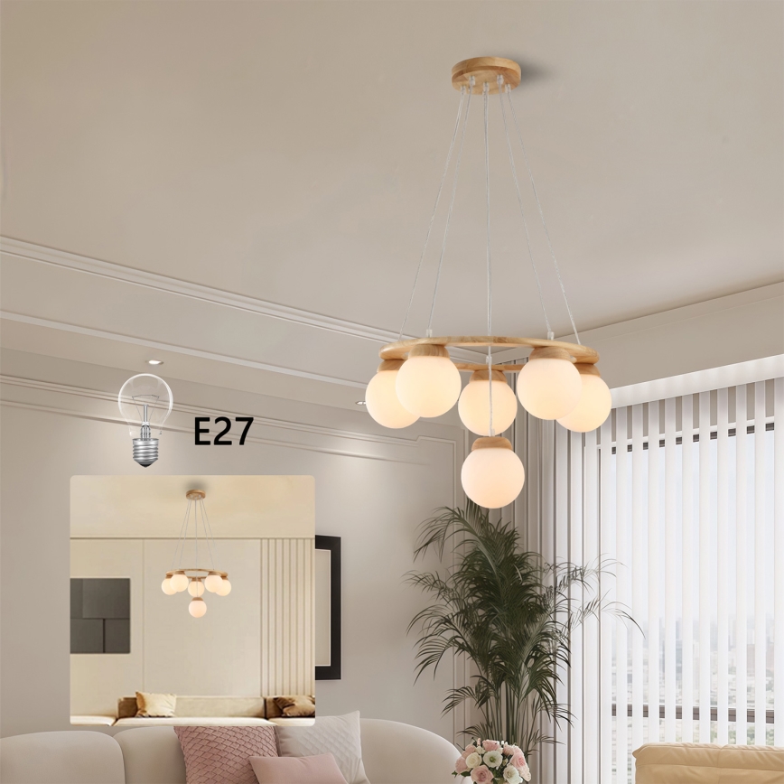 Brilagi - Karājamā lustra uz vada VISBY WOOD 6xE27/60W/230V Ø 58 cm, koka