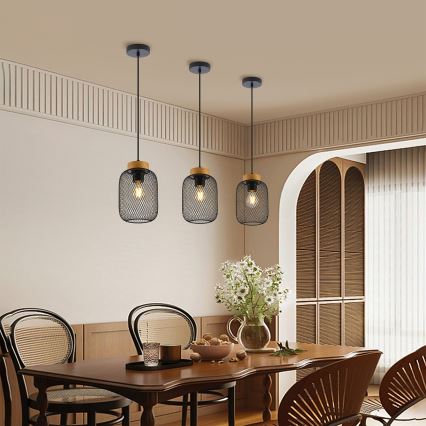 Brilagi - Karājoša lampa BASKLITE ar vadu 1xE27/15W/230V koks/melns